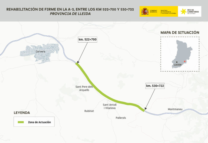 Mapa amb el tram de l'A-2 on es faran les obres de millora del ferm en verd