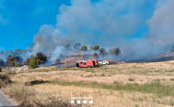 Els Bombers continuen treballant sobre els punts calents de l’incendi d’Alfarràs
